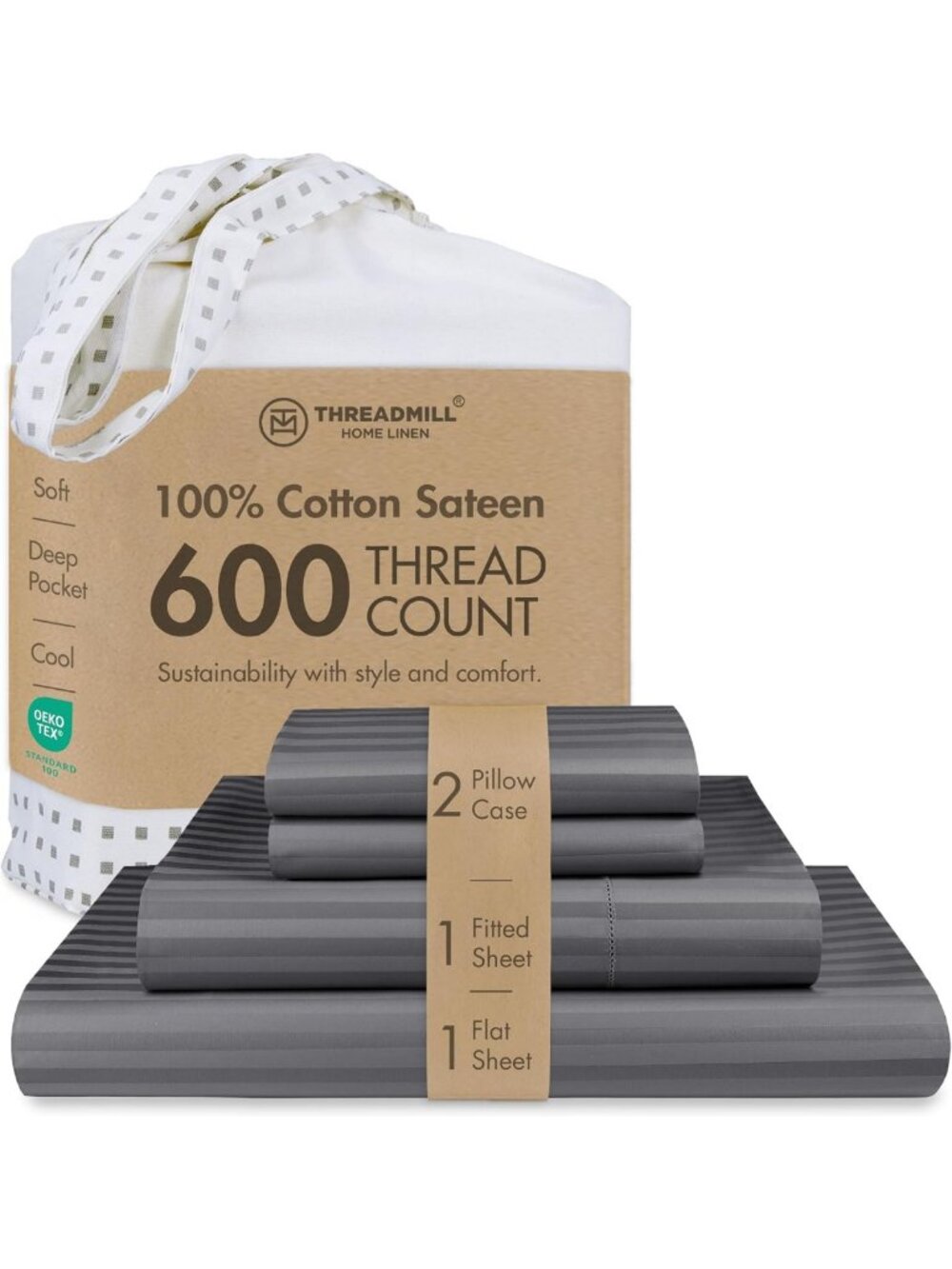 Luxurious 600TC Cotton King Sheet Set - Sateen Finish, Damask Stripe, Dark Grey